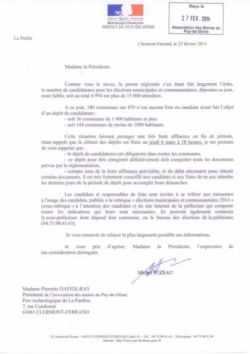 Courrier Préfet Dépôts candidtures municipales Mars 2014