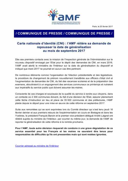 Carte nationale d’identité (CNI)_l’AMF réitère sa demande de repousser la date de généralisation à septembre 2017.jpg